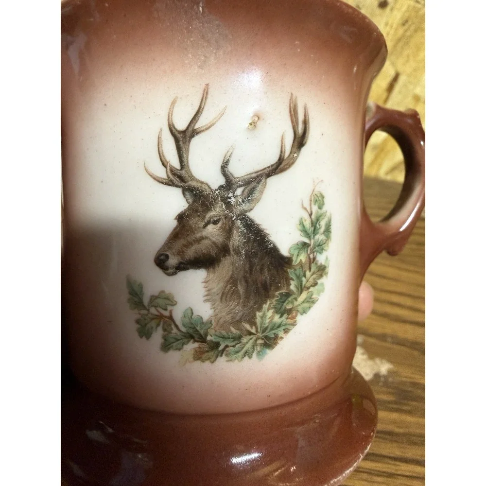 Antique German Porcelain Shaving Mug Stag Deer Hunting Transferware Germany